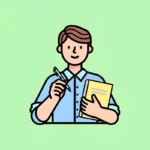 cartoon-man-holding-pen-notebook-illustration-depicted-simple-friendly-style-wearing-blue-shirt-has-brown-hair-434273983
